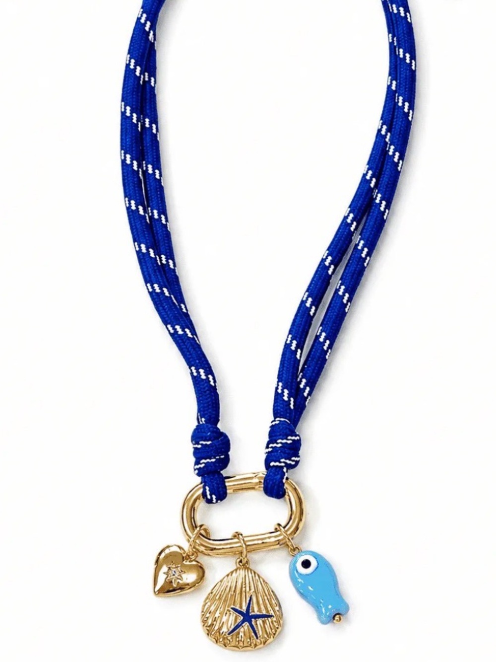 Blue Cord Nautical Charm Necklace with Heart, Gold Shell & Fish
